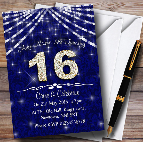 16Th Navy Blue & White Bling Sparkle Birthday Party Personalized Invitations