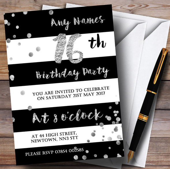 Black White Silver Confetti 16th Personalized Birthday Party Invitations