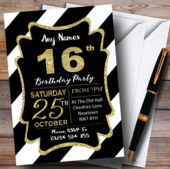 Black White Diagonal Stripes Gold 16th Personalized Birthday Party Invitations