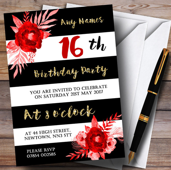 Black White Striped Gold Red Flower 16th Personalized Birthday Party Invitations