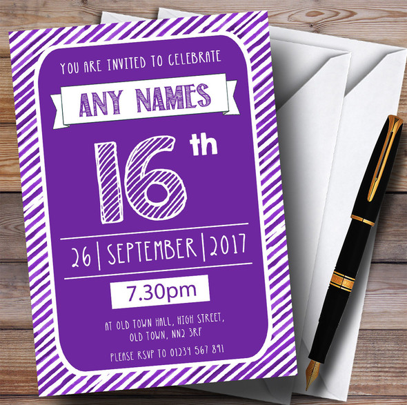 Purple & White Stripy Deco 16th Personalized Birthday Party Invitations