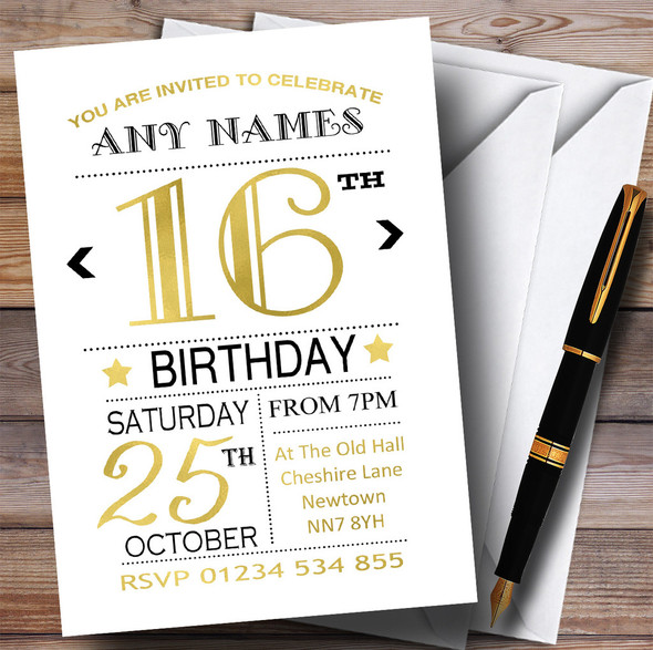 White Black & Gold 16th Personalized Birthday Party Invitations