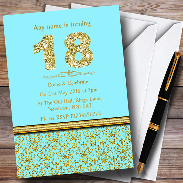Aqua Sky Blue & Gold Vintage Damask 18Th Personalized Birthday Party Invitations