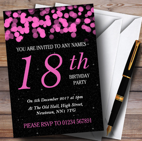 Pink Bokeh & Stars 18th Personalized Birthday Party Invitations