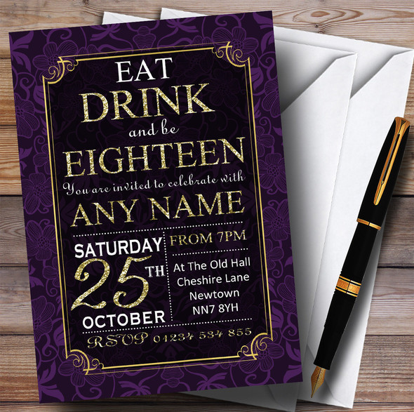 Purple & Gold Flowers 18th Personalized Birthday Party Invitations
