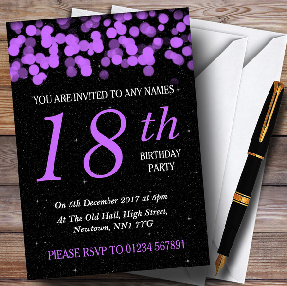 Purple Bokeh & Stars 18th Personalized Birthday Party Invitations