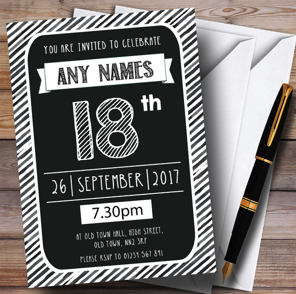 Black & White Stripy Deco 18th Personalized Birthday Party Invitations