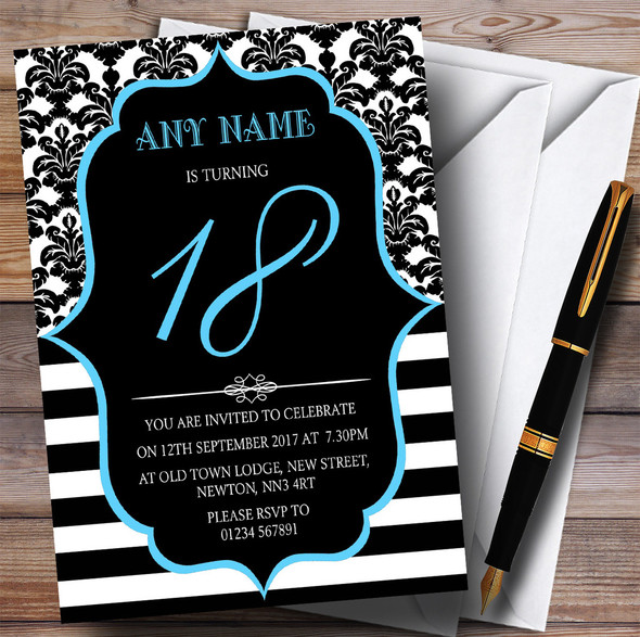 Vintage Damask Blue 18th Personalized Birthday Party Invitations