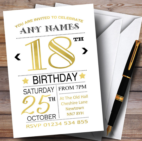 White Black & Gold 18th Personalized Birthday Party Invitations