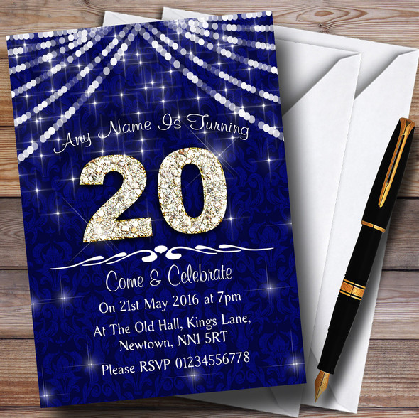 20Th  Navy Blue & White Bling Sparkle Birthday Party Personalized Invitations