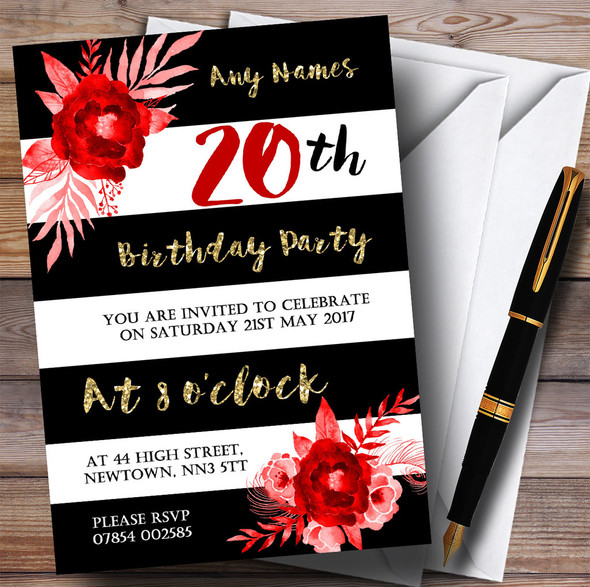 Black White Striped Gold Red Flower 20th Personalized Birthday Party Invitations