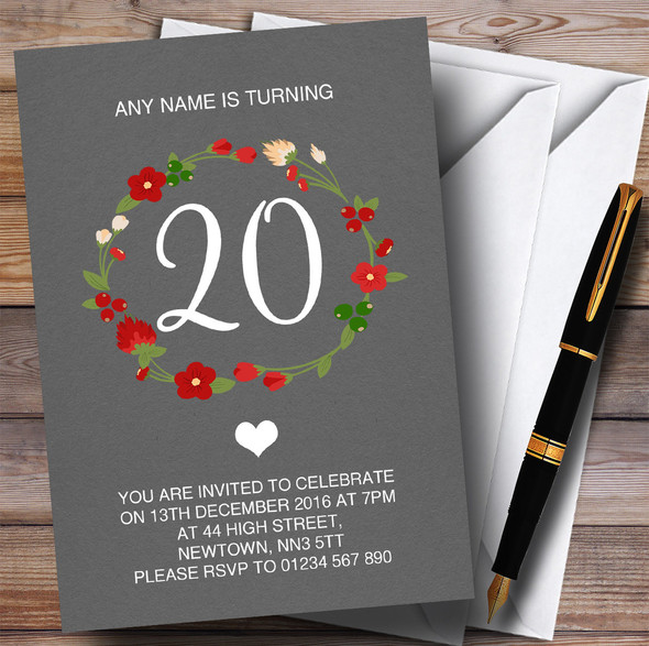 Red Floral Wreath Grey Rustic 20th Personalized Birthday Party Invitations