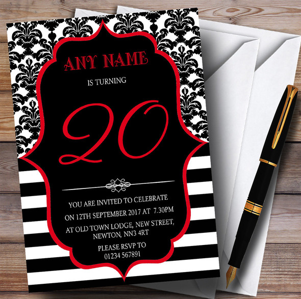 Vintage Damask Red 20th Personalized Birthday Party Invitations