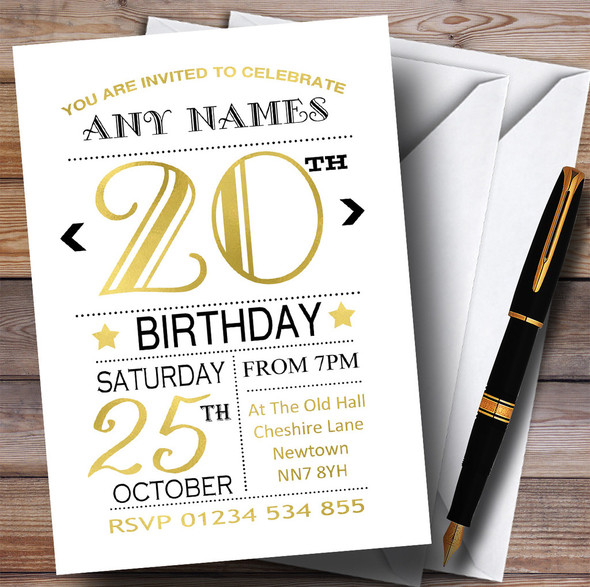 White Black & Gold 20th Personalized Birthday Party Invitations