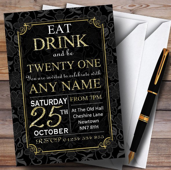 Black & Gold Flowers 21st Personalized Birthday Party Invitations