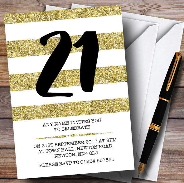 Glitter Gold & White Striped 21st Personalized Birthday Party Invitations