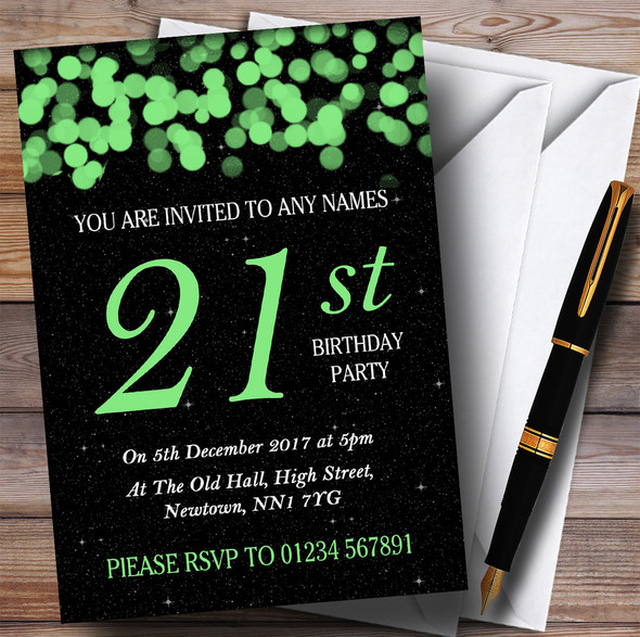 Green Bokeh & Stars 21st Personalized Birthday Party Invitations