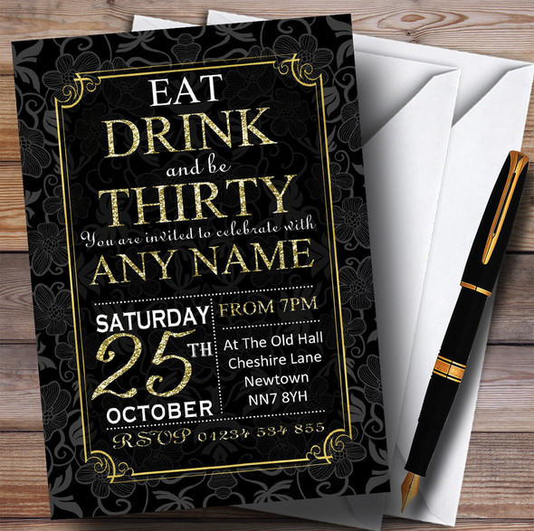 Black & Gold Flowers 30th Personalized Birthday Party Invitations