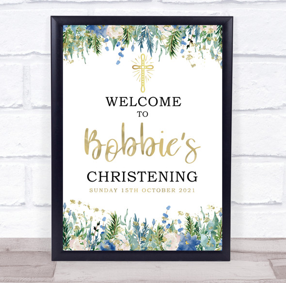 Blue Floral & Gold Christening Date Personalized Event Party Decoration Sign