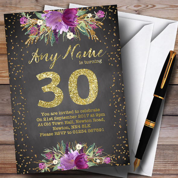 Chalk Watercolour Purple Gold 30th Personalized Birthday Party Invitations