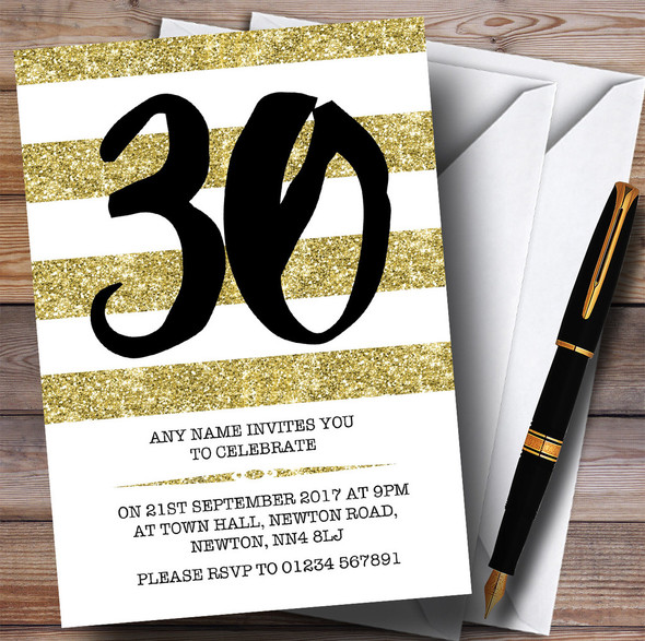 Glitter Gold & White Striped 30th Personalized Birthday Party Invitations