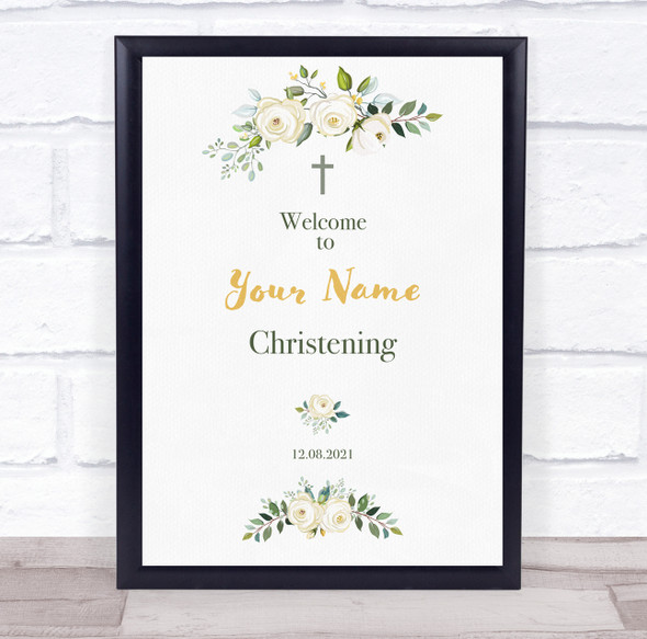 Pretty White Floral Welcome To Christening Personalized Event Party Sign