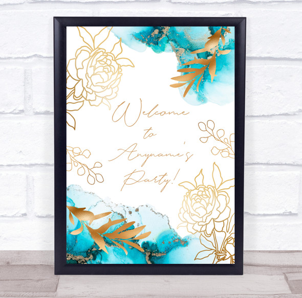 Welcome Birthday Watercolor Teal Turquoise Gold Floral Personalized Party Sign