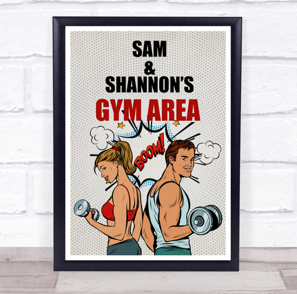 Comic Style Couple Gym Area Work Out Gym Room Personalized Wall Art Sign