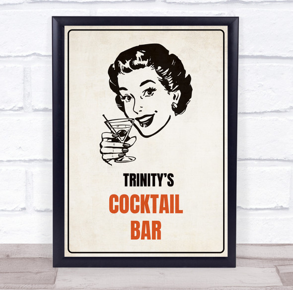 Retro Happy Woman Drink Cocktail Bar Room Personalized Wall Art Sign