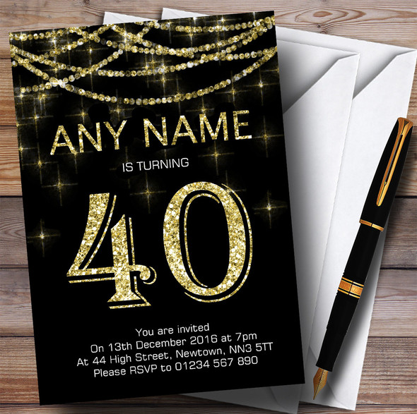 Black & Gold Sparkly Garland 40th Personalized Birthday Party Invitations
