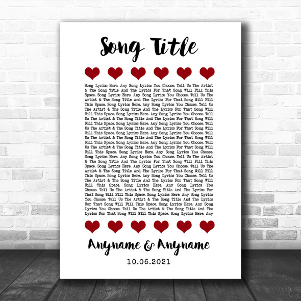 Red Hearts In Row Any Song Lyric Personalized Music Wall Art Print