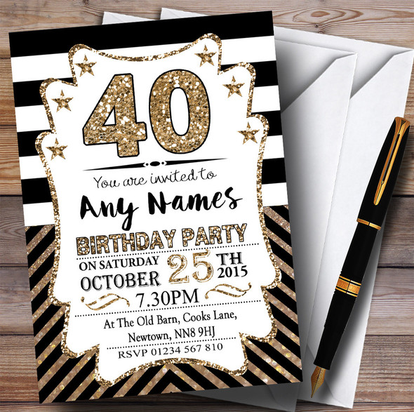 Black & White Bronze Chevrons 40th Personalized Birthday Party Invitations