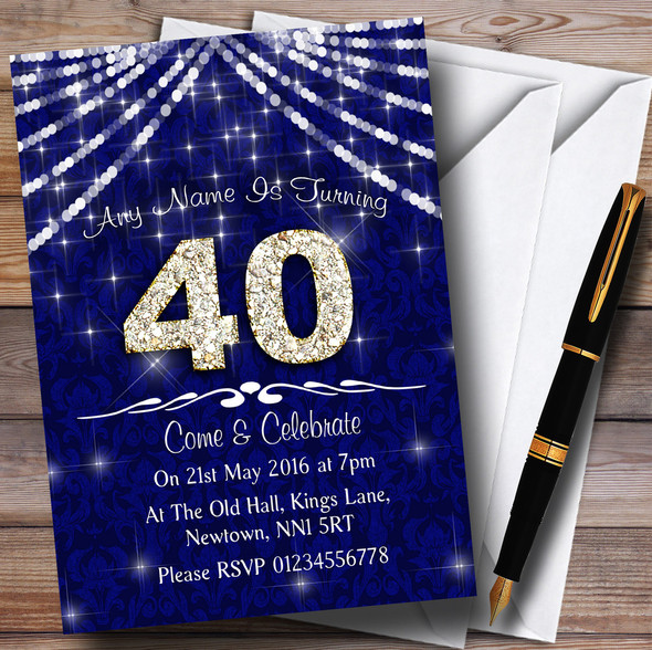 40Th Navy Blue & White Bling Sparkle Birthday Party Personalized Invitations