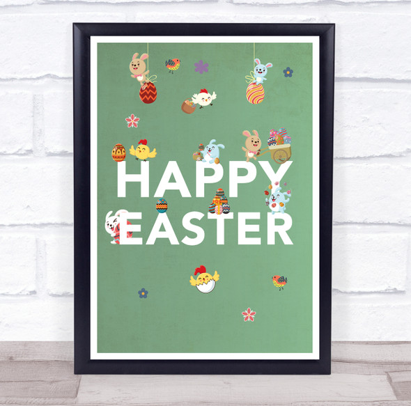Happy Easter Cute Cartoon Easter Figures Green Poster Wall Art Print
