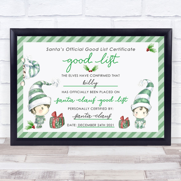 Green Elf Christmas Print Santa's Good List Personalized Certificate Award Print