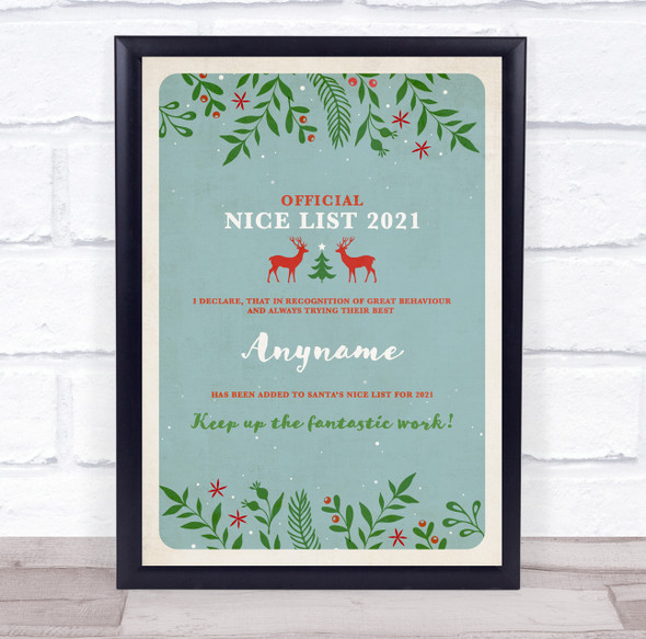 Official Nice List Light Teal Christmas Sign Personalized Certificate Award