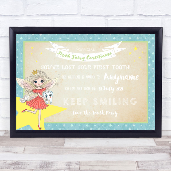 Vintage Craft Blue Tooth Fairy Personalized Certificate Award Print