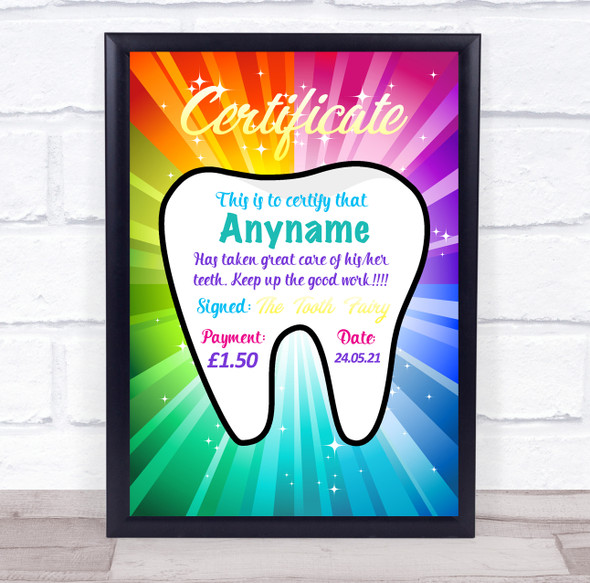 Tooth Fairy Rainbow Burst Personalized Certificate Award Print