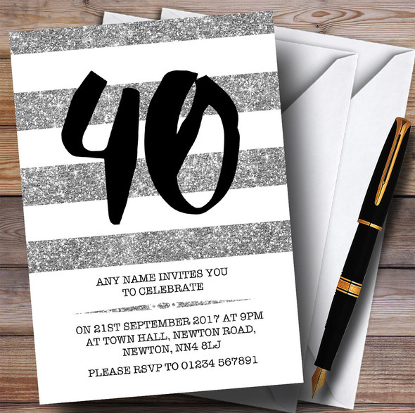 Glitter Silver & White Striped 40th Personalized Birthday Party Invitations