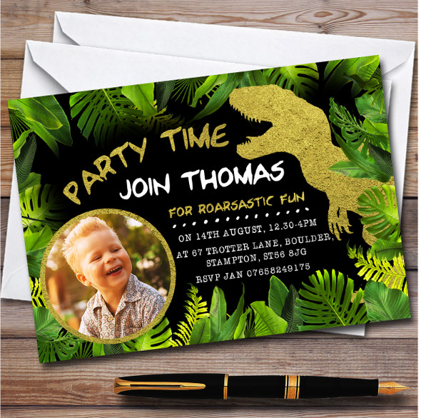 Photo Dinosaur Gold & Wild personalized Children's Birthday Party Invitations