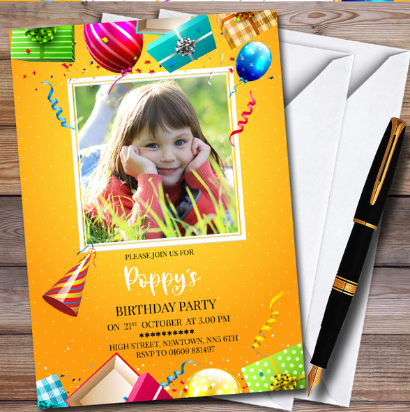 Party Hat & Presents Photo personalized Children's Birthday Party Invitations
