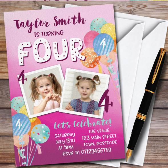 4Th Birthday Photo Girl Balloons Children's Birthday Party Invitations