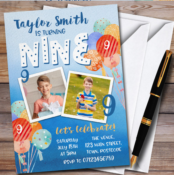 9Th Birthday Boy Photo Balloons Children's Birthday Party Invitations