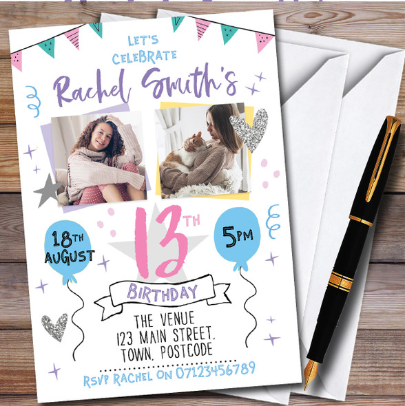 Pastel Typographic Photo 13th personalized Birthday Party Invitations