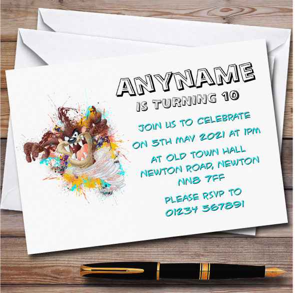 Tasmanian Devil Splatter personalized Children's Kids Birthday Party Invitations