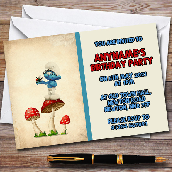 Brainy Smurf Vintage Mushroom The Smurfs Children's Birthday Party Invitations