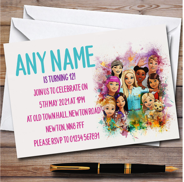 Barbie Watercolor Splatter personalized Children's Birthday Party Invitations