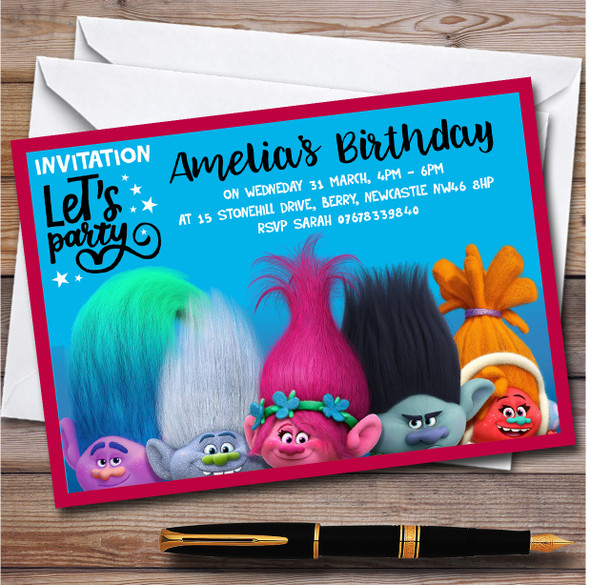 Trolls Blue Background personalized Children's Kids Birthday Party Invitations