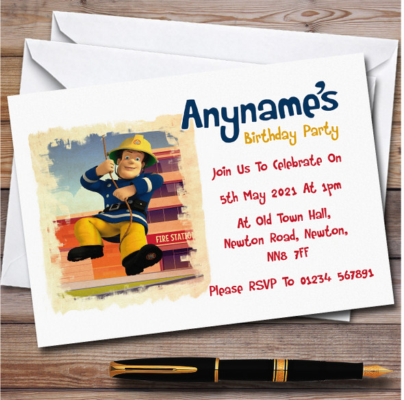 Fireman Sam Swinging Brush personalized Children's Birthday Party Invitations