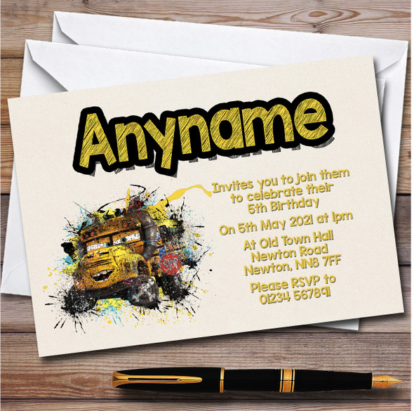 Cars Miss Fritter Watercolor Splatter Children's Birthday Party Invitations